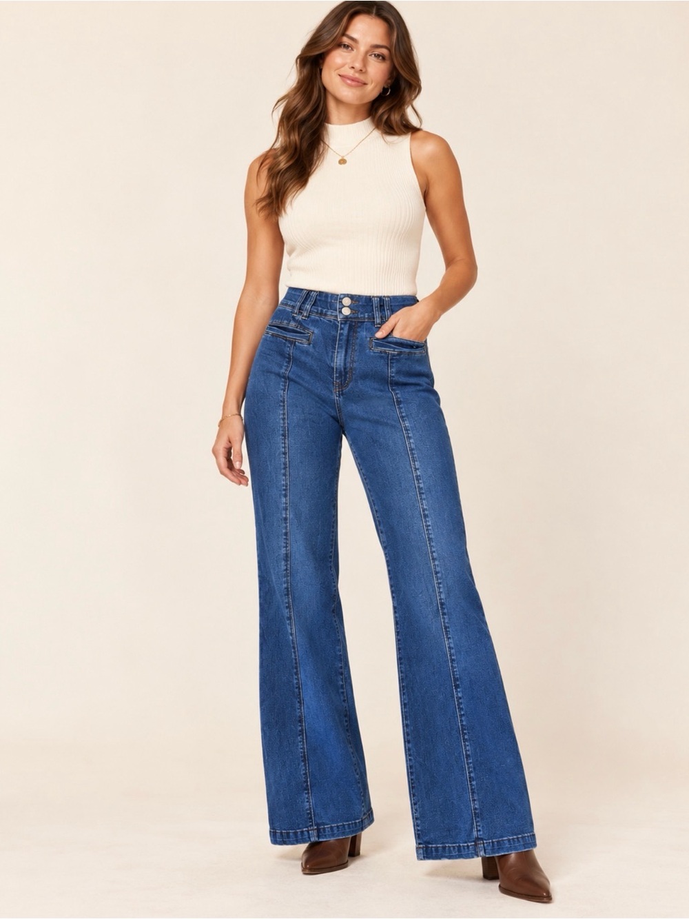 Indigo Poppy Denim Trouser Pants Size 10 Double Button Wide Leg